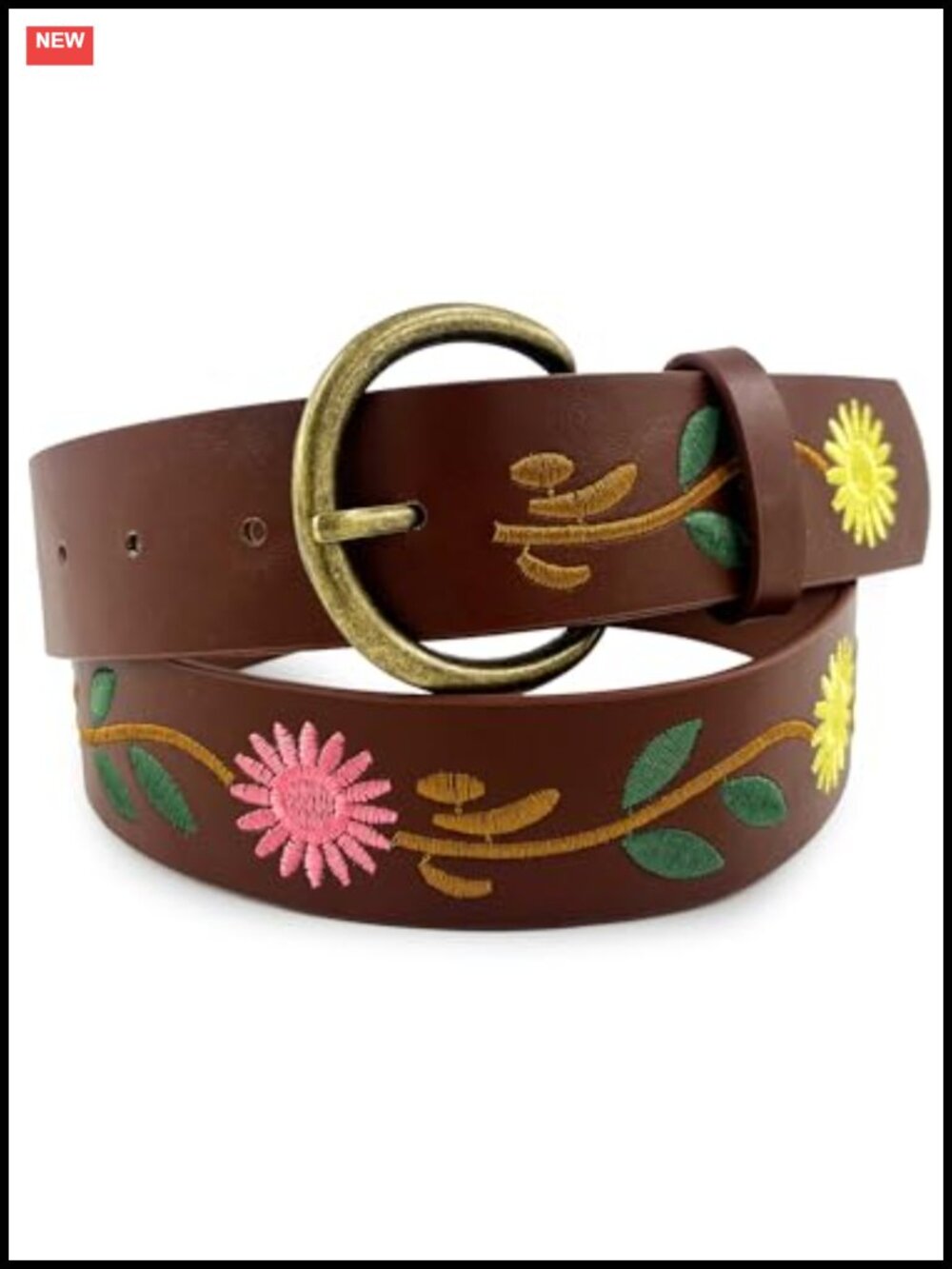 Embroidered Floral Belt for Women PU Leather Vintage Buckle Jeans